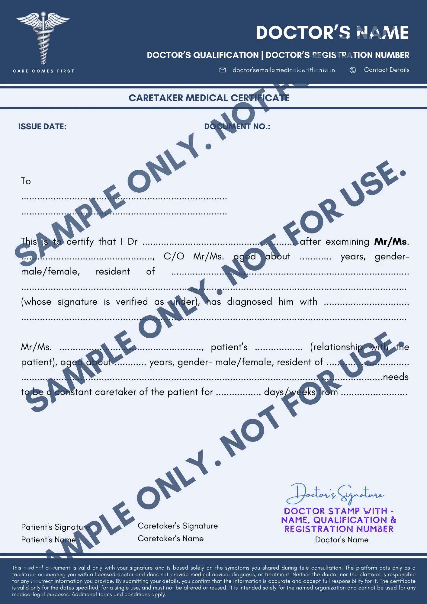 Caretaker Certificate Format
