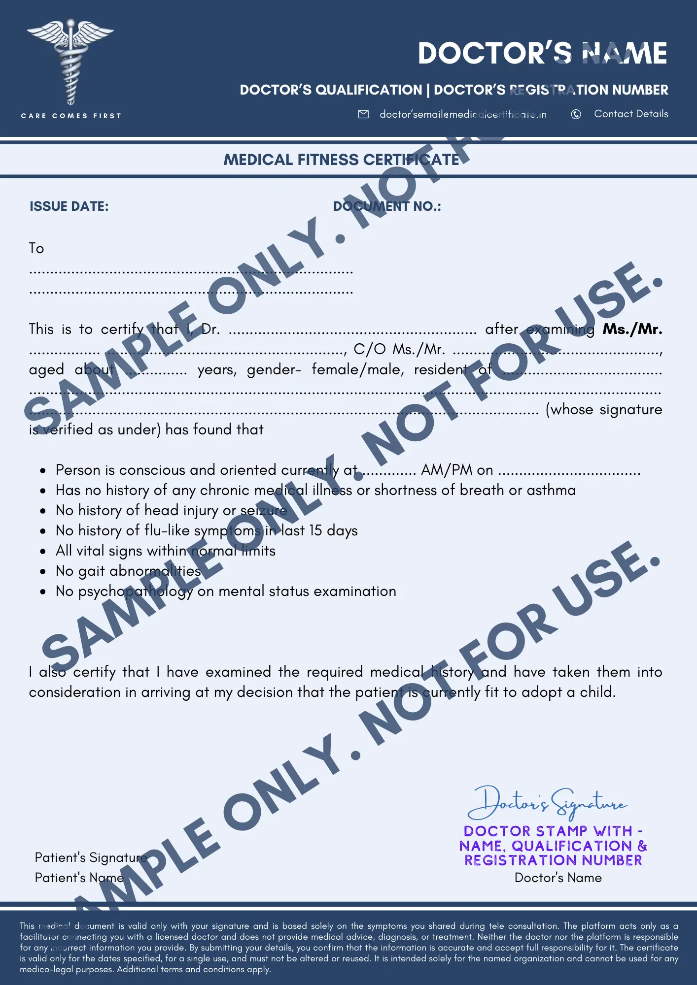CARA Fitness Certificate Format