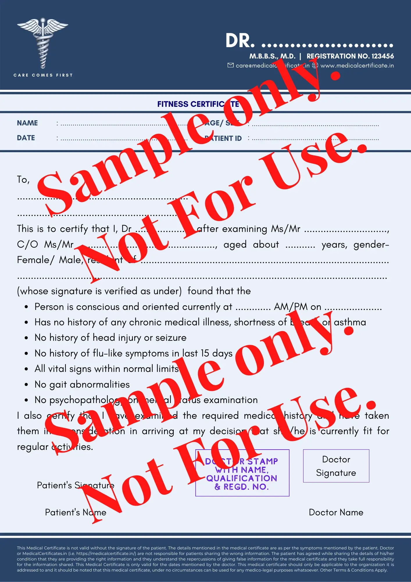 Sample Fitness Certificate in Delhi NCR